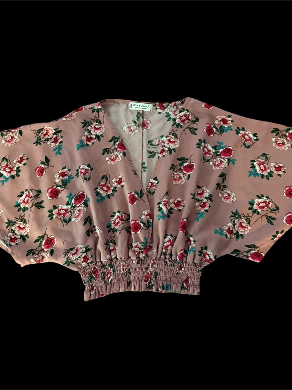 Mauve Floral Smocked-Waist V-Neck Crop Top